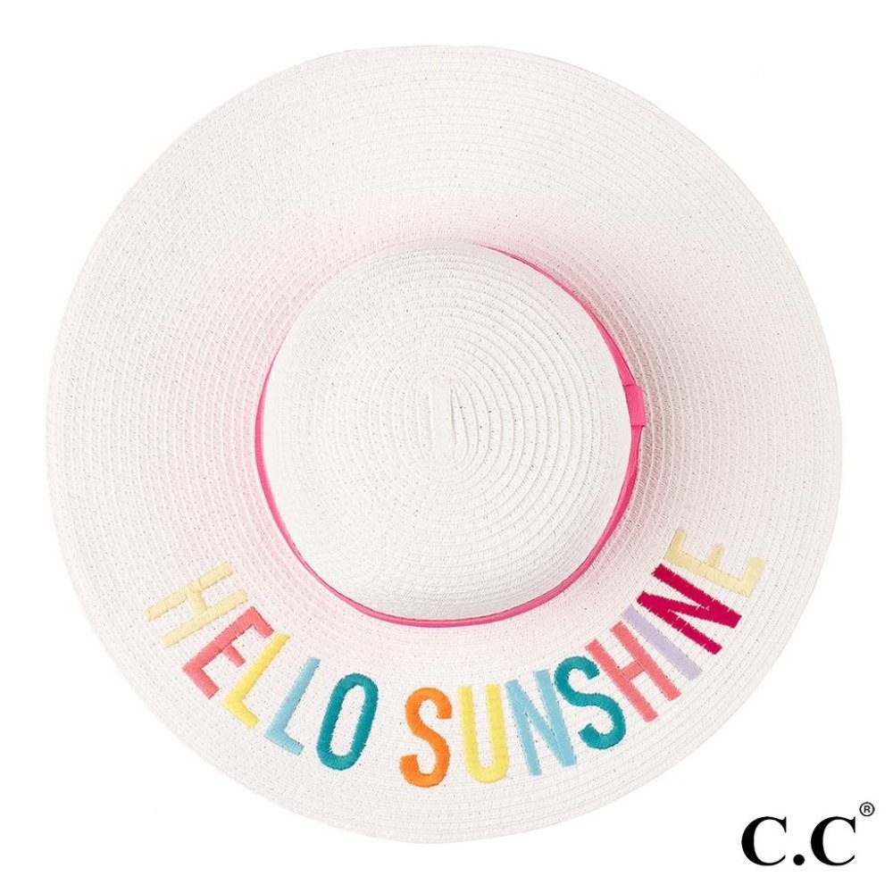 C.C (White/Multi) "Hello Sunshine" Paper Straw Wide Brim Sun Hat with Ribbon